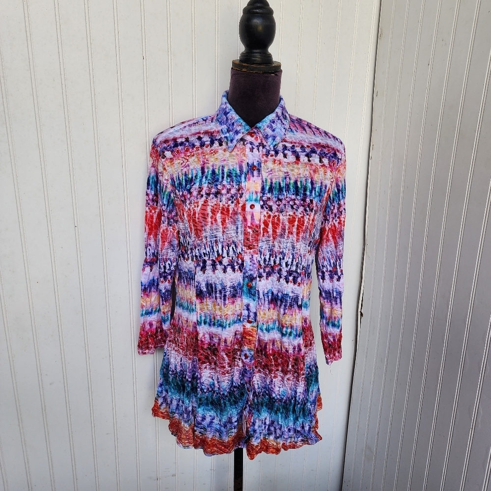 Carine Snap Front Blouse Womens Purple Blue Pink Multi Top Shirt 3/4 Sleeve L